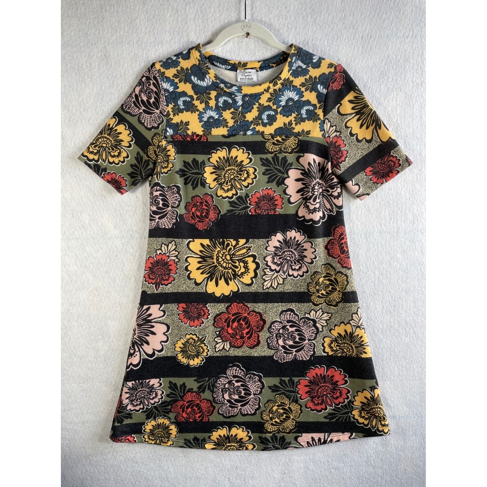 Zara Trafaluc Floral Stripe Shift Mini Dress Multicolor Short Sleeve Size M